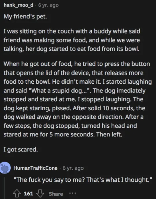 A screenshot of a Reddit comment thread where a user recounts how their friend's dog, after being called 'stupid' for not…