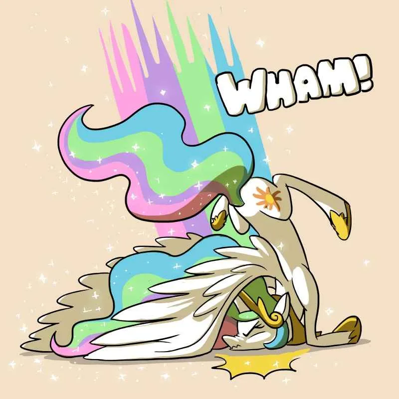 A cartoon bird-like creature with a rainbow-colored mane and wings is shown falling backward with a dramatic 'WHAM!' sound…