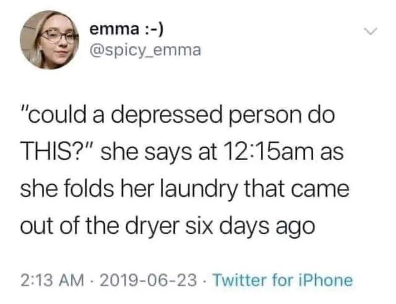 A screenshot of a tweet from user 'emma :-)' with handle '@spicy_emma', showing a text post that reads: 'could a depressed…