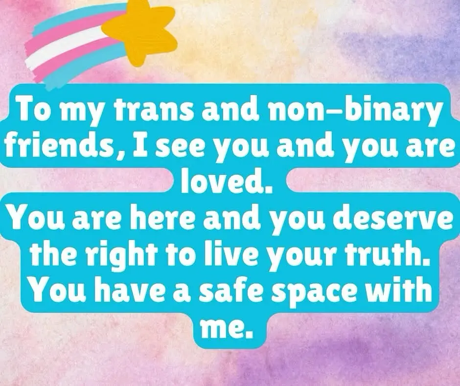 A pastel-colored image with a trans flag star in the top left corner, featuring two blue text boxes with white text that…