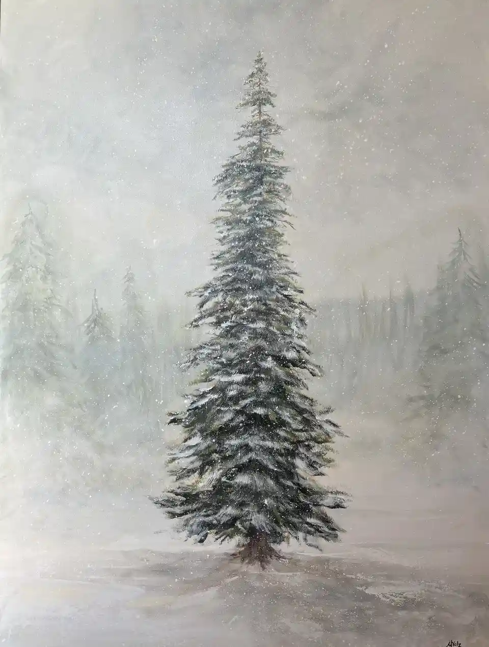 A painting depicts a tall, snow-covered pine tree standing alone in a snowy, foggy forest with other trees faintly visible…