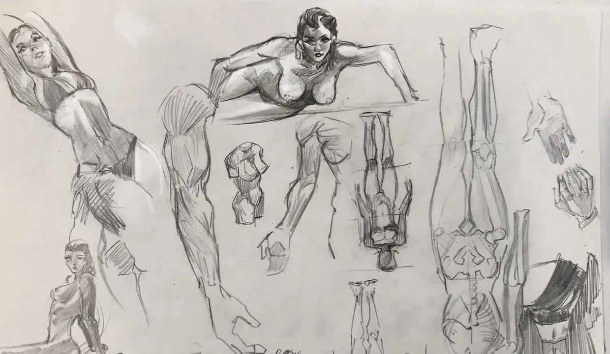 A pencil sketch compilation of various female figure studies, including full-body poses, limbs, and hands, with the overlaid…
