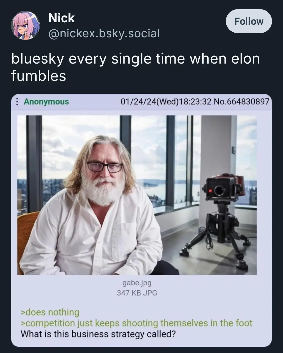 The image shows a screenshot of a 4chan post featuring a photo of Gabe Newell sitting in front of a window with a camera on…
