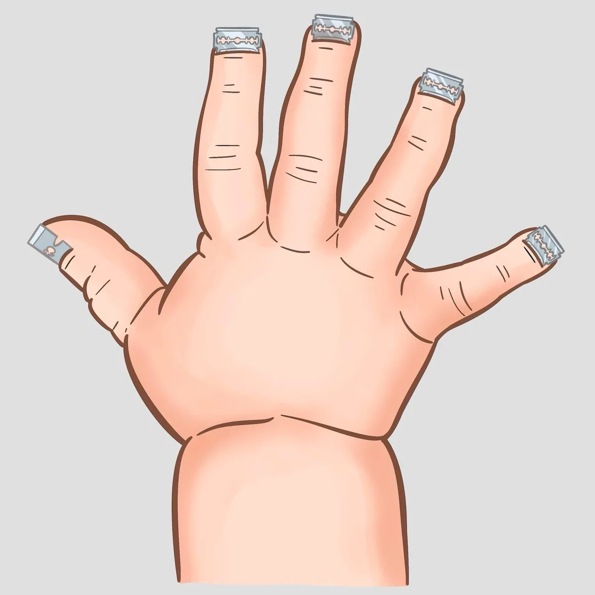 A cartoon illustration of a human hand with all five fingers extended, each fingernail replaced by a razor blade. The…