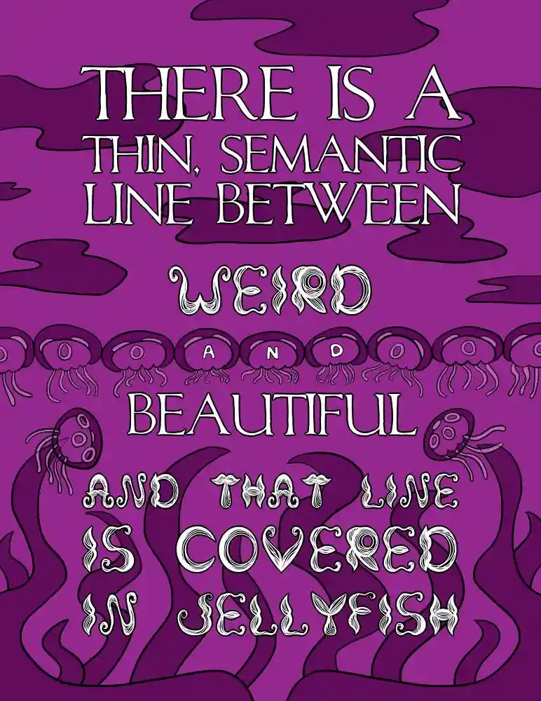A purple background with stylized jellyfish illustrations and white text that reads: 'THERE IS A THIN, SEMANTIC LINE BETWEEN…