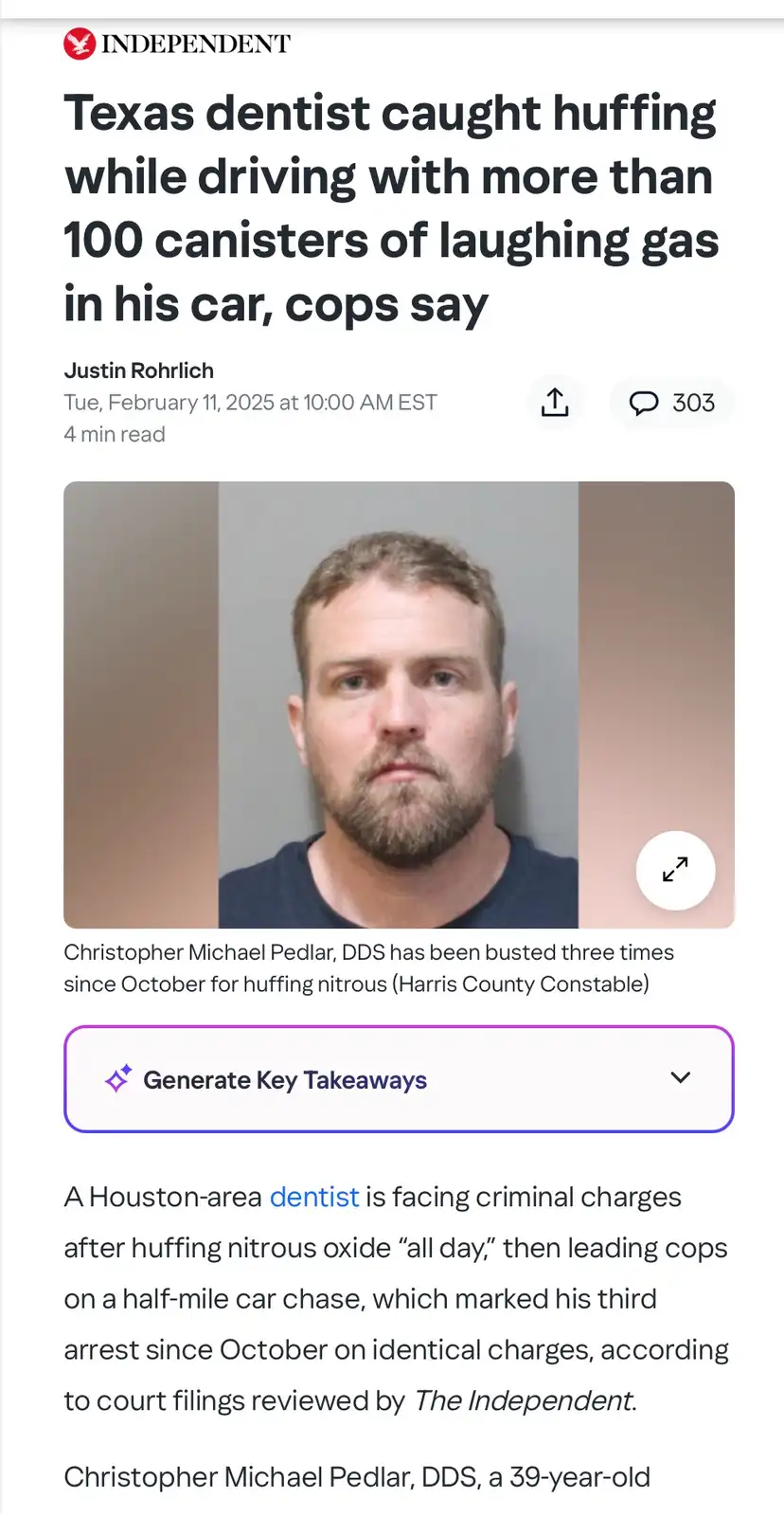 A screenshot of a news article from The Independent shows a mugshot of a man with a beard and serious expression. The…
