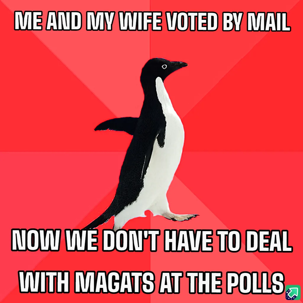 A black-and-white penguin stands against a red background with diagonal stripes. The text at the top reads 'ME AND MY WIFE…