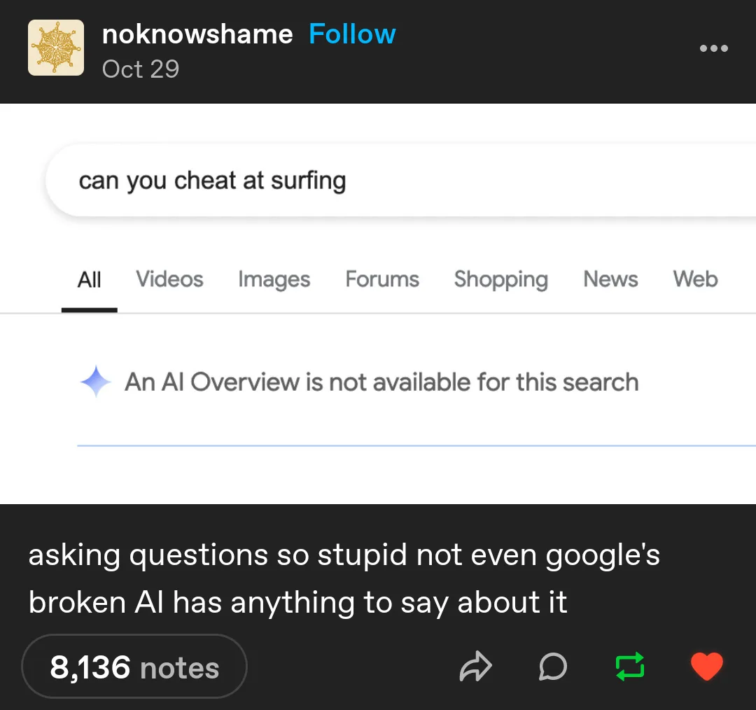 A screenshot of a Google search results page for 'can you cheat at surfing' shows that an AI Overview is not available for…