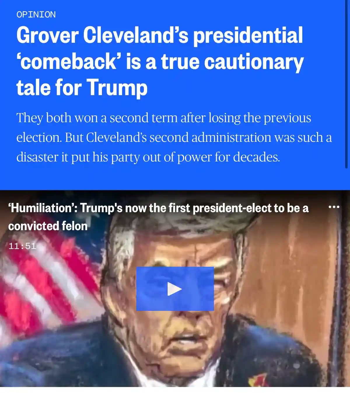 The image shows a screenshot of a news article with a blue header discussing Grover Cleveland's political comeback as a…