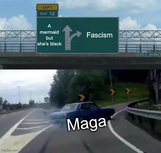 A highway sign with arrows pointing left and right, labeled 'A mermaid but she's black' and 'Fascism' respectively. Below, a…