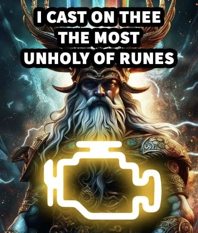 A stern, bearded, horned deity with ornate armor and a cosmic background is overlaid with bold white text reading 'I CAST ON…
