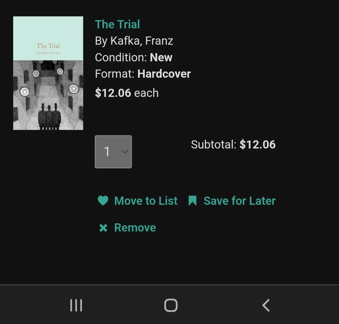 A screenshot of a book purchase page for Franz Kafka's 'The Trial' showing the cover art, price ($12.06), condition (New)…