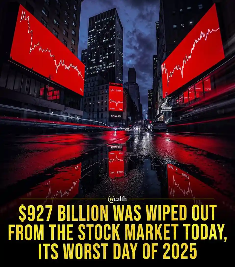 A nighttime city street with wet pavement reflecting red lights from large digital billboards displaying plunging stock…