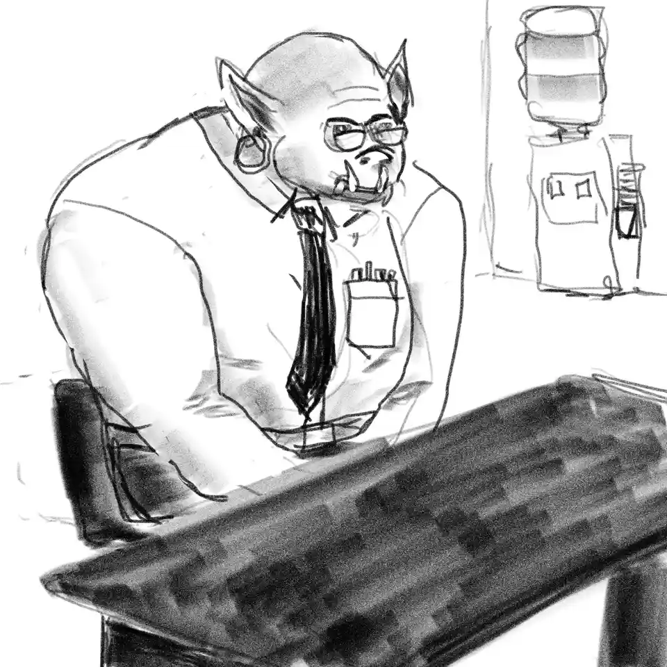 A black-and-white sketch shows a muscular, bald, horned humanoid with glasses and a tie leaning over a desk, looking tired…