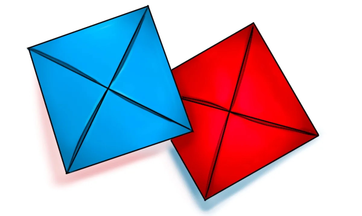 Two 3D-rendered square pyramids, one blue and one red, are shown side by side against a white background. Each pyramid has a…