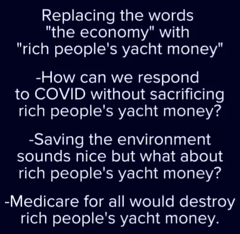 A dark blue background displays white text listing three rhetorical questions that substitute 'the economy' with 'rich…