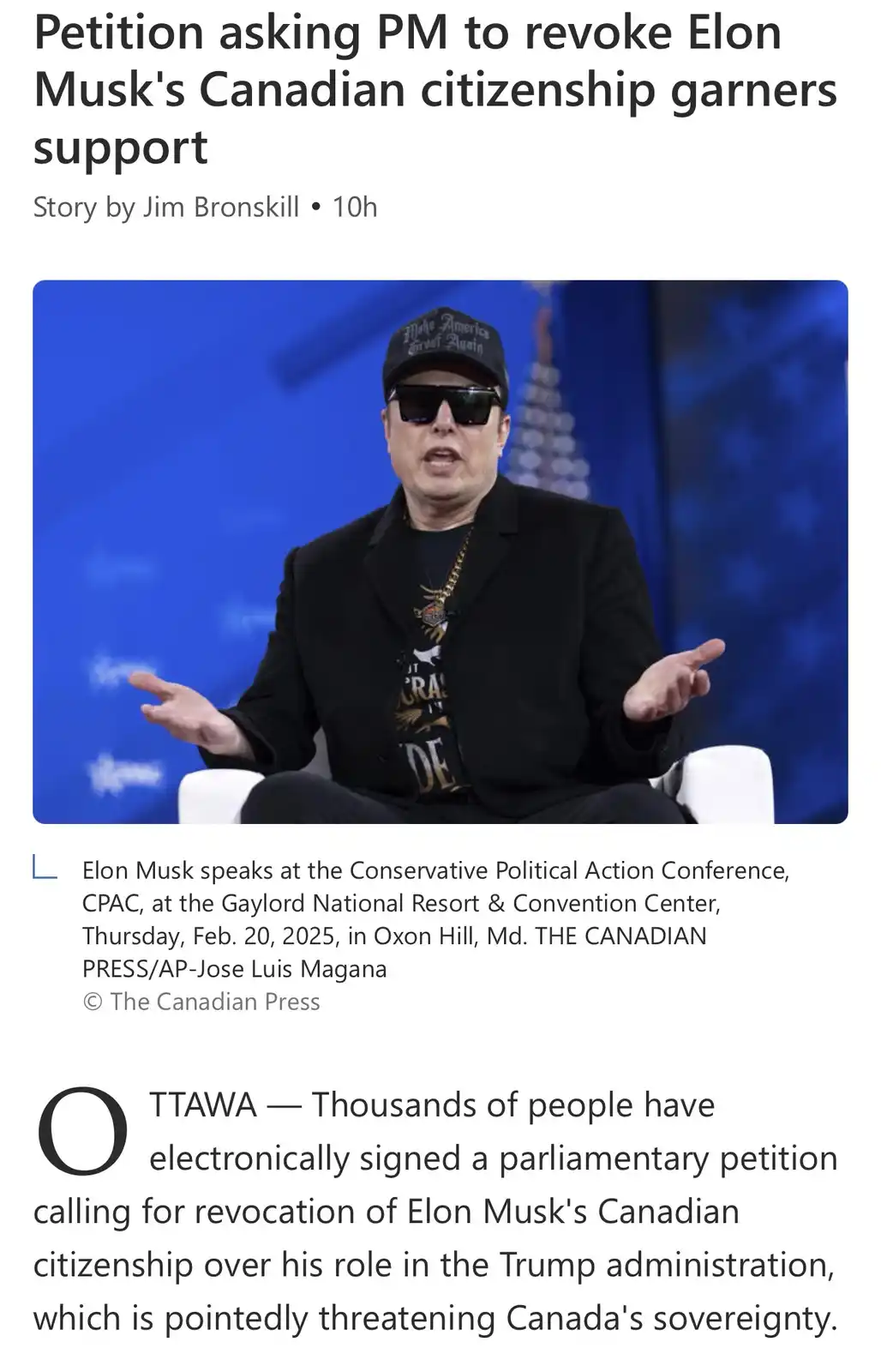 A news article screenshot shows Elon Musk wearing a 'Make America Great Again' cap and sunglasses while gesturing during a…