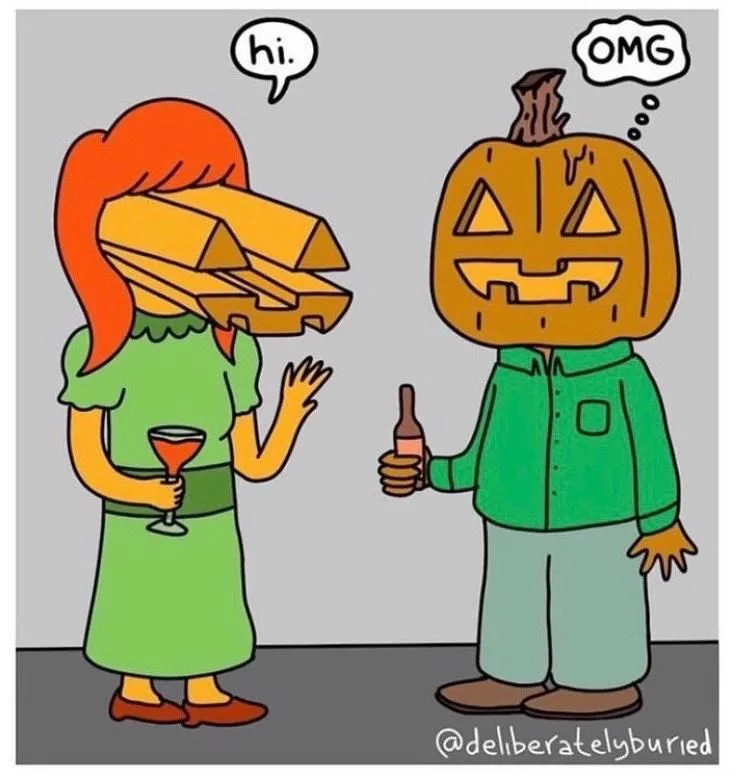 A cartoon woman with orange hair and a green dress, her face replaced by a stack of wooden planks, waves and says 'hi' while…