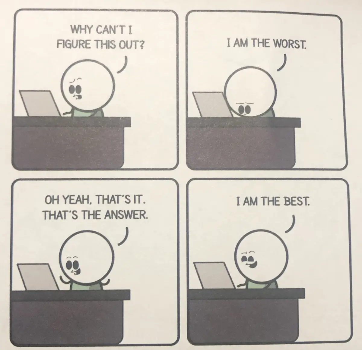 A four-panel comic strip shows a simple cartoon character at a desk with a laptop. In the first panel, the character looks…