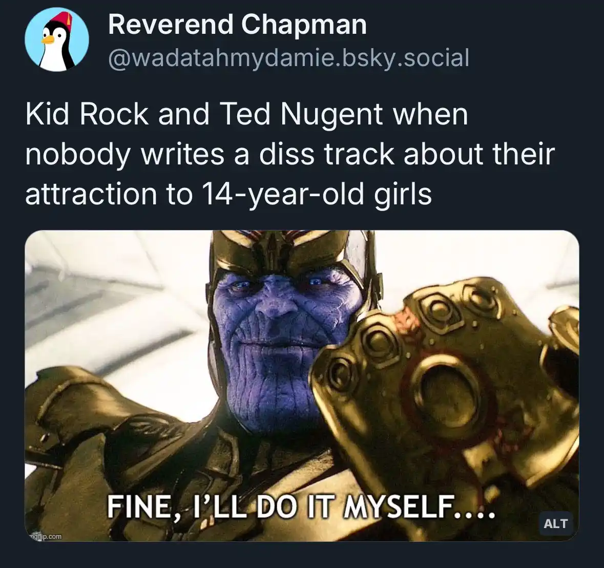 A screenshot of a social media post by 'Reverend Chapman' featuring a meme image of Thanos from the Marvel Cinematic…