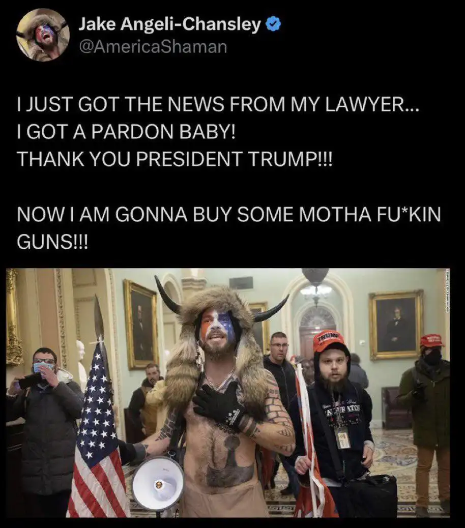 A man in a fur hat with horns and face paint stands in a government building holding a megaphone and American flag, with…