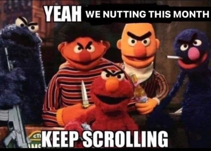 Five Muppet characters are shown in a menacing pose, holding weapons like a knife and a gun. The text overlaid on the image…