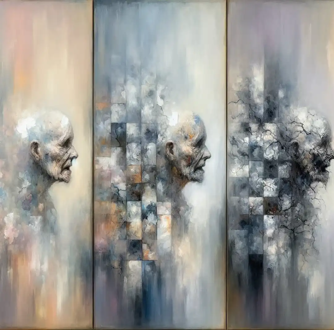 A triptych painting shows a man's face in profile, progressively deteriorating from left to right: the left panel shows a…