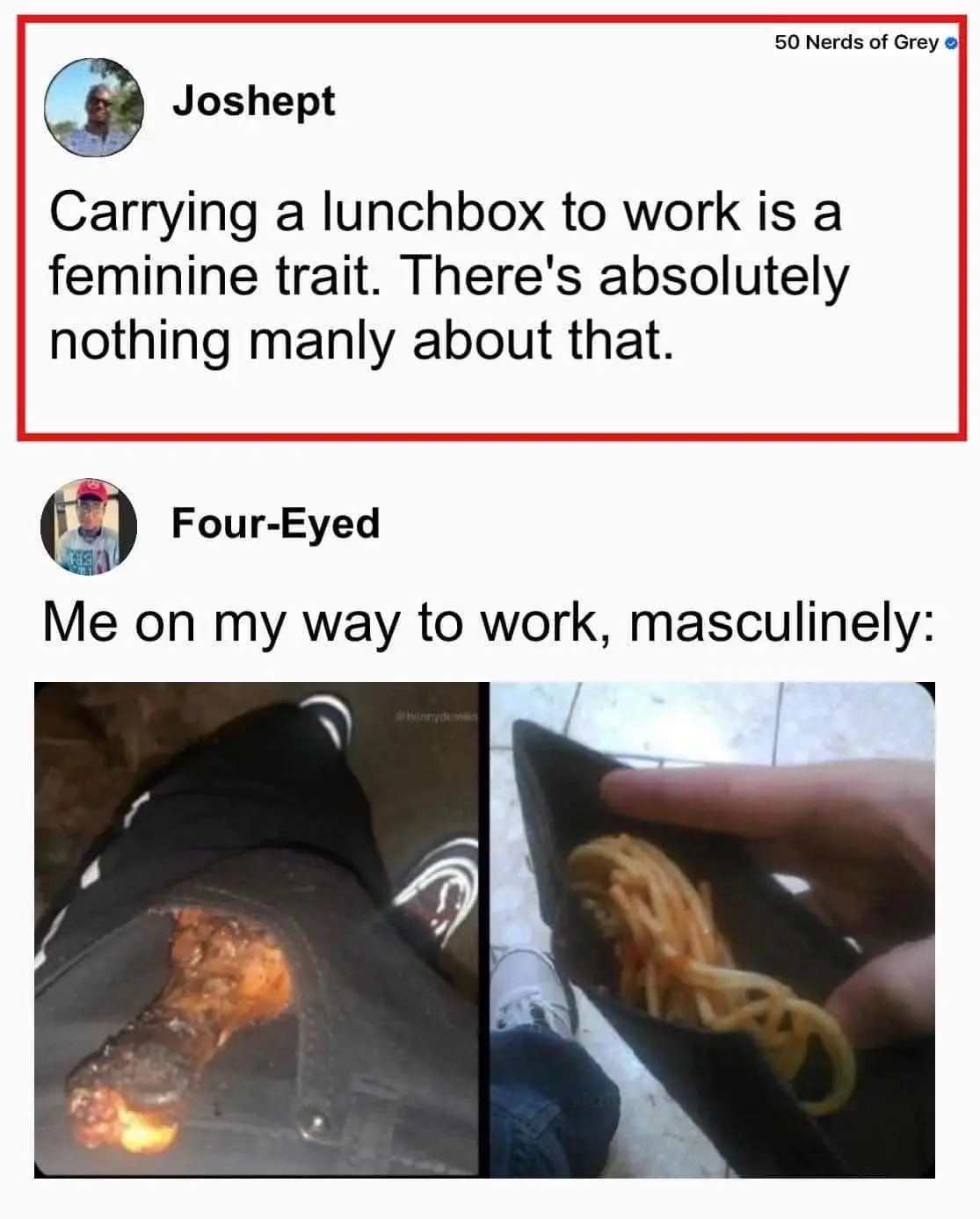 The image shows a social media post where user 'Joshept' claims carrying a lunchbox to work is a feminine trait. Below, user…