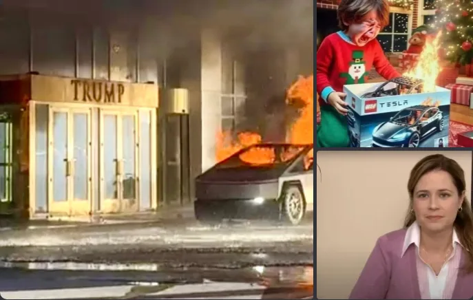 A triptych meme: left panel shows a burning Tesla car in front of a building with 'TRUMP' on the door; top right shows a…