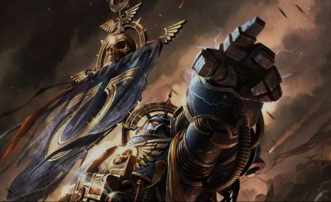 A heavily armored warrior in ornate blue and gold power armor, featuring skull motifs and winged symbols, raises a massive…