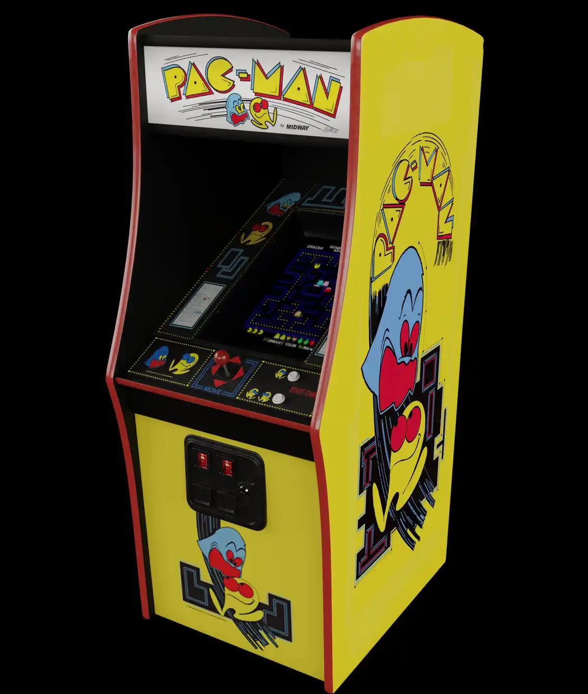 A classic yellow Pac-Man arcade machine with red trim, featuring the game's logo and characters on the marquee and cabinet…