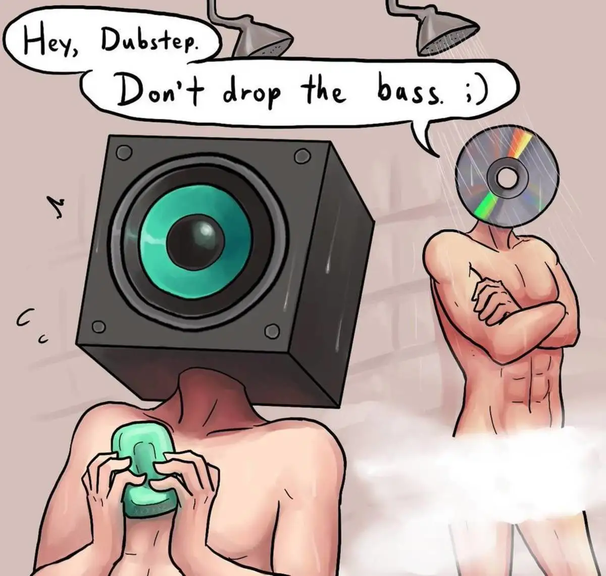 Two anthropomorphic figures are in a shower. One has a large black speaker for a head with a teal cone and is holding a…