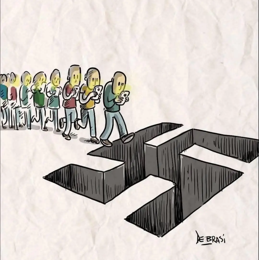 A cartoon drawing shows a line of people walking forward, each engrossed in their smartphone. The ground beneath them is a…