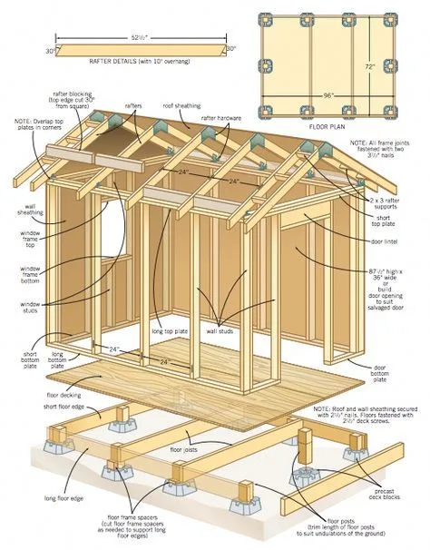 An architectural diagram of a wooden house frame with detailed labels for components like rafters, floor joists, and wall…