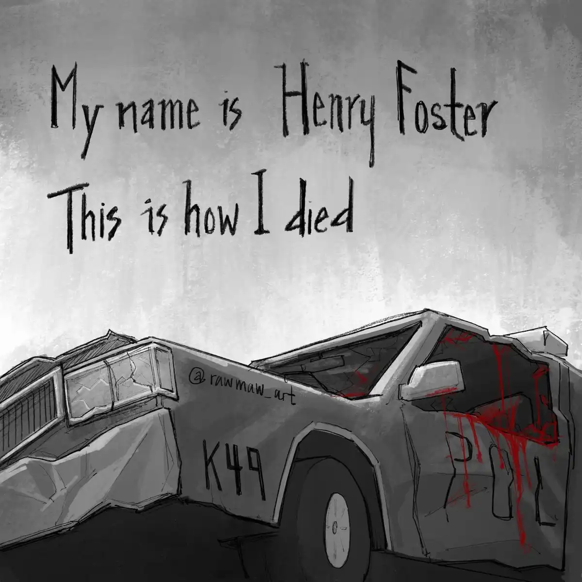 A grayscale sketch depicts a severely damaged car, likely a pickup truck, with visible dents, shattered windows, and red…