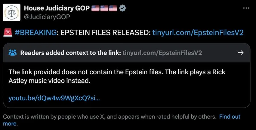 A screenshot of a Twitter/X post from the House Judiciary GOP account announcing 'BREAKING: EPSTEIN FILES RELEASED' with a…