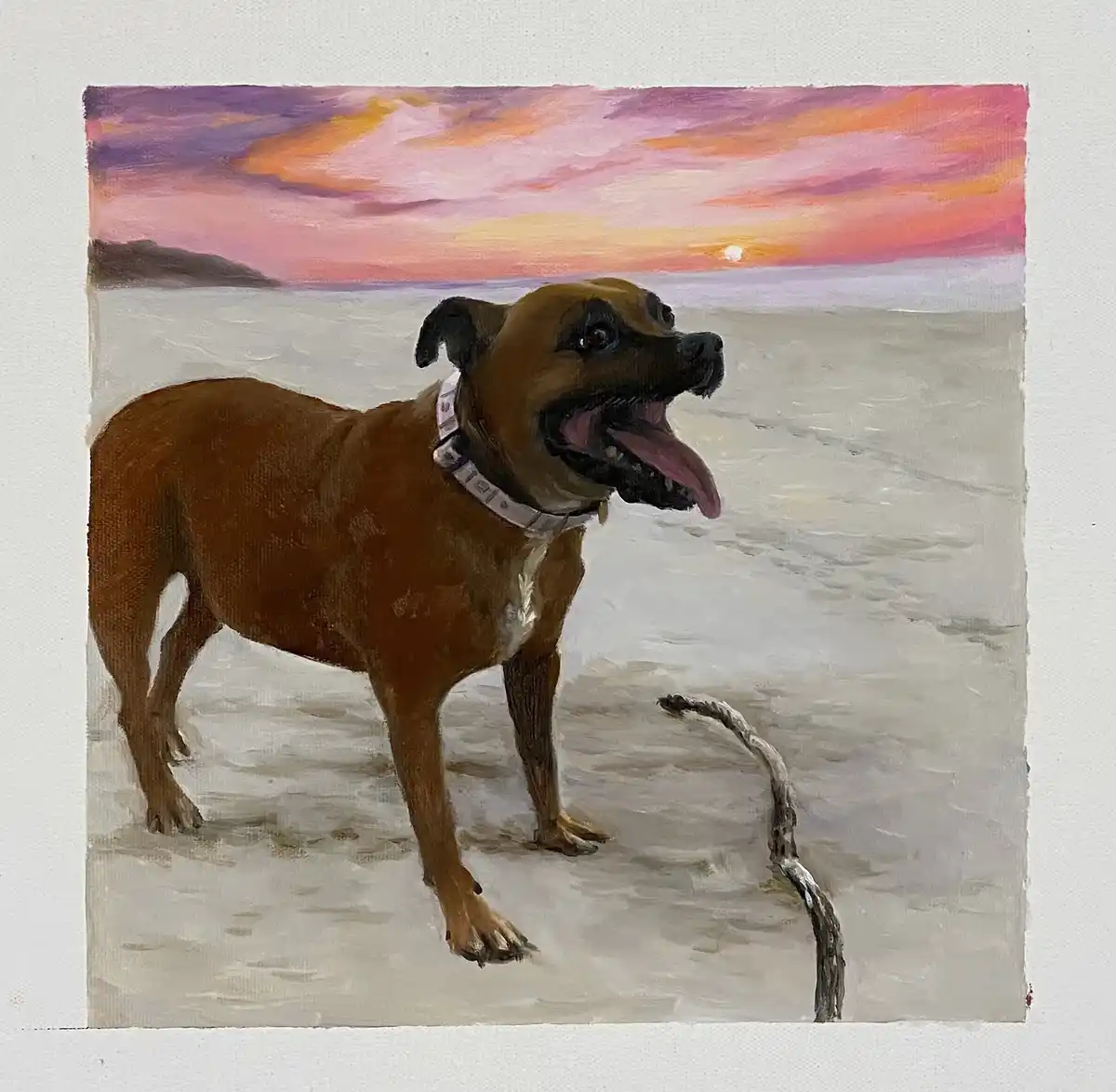 A painting of a brown dog standing on a beach at sunset, mouth open with tongue out, wearing a collar, next to a stick. The…