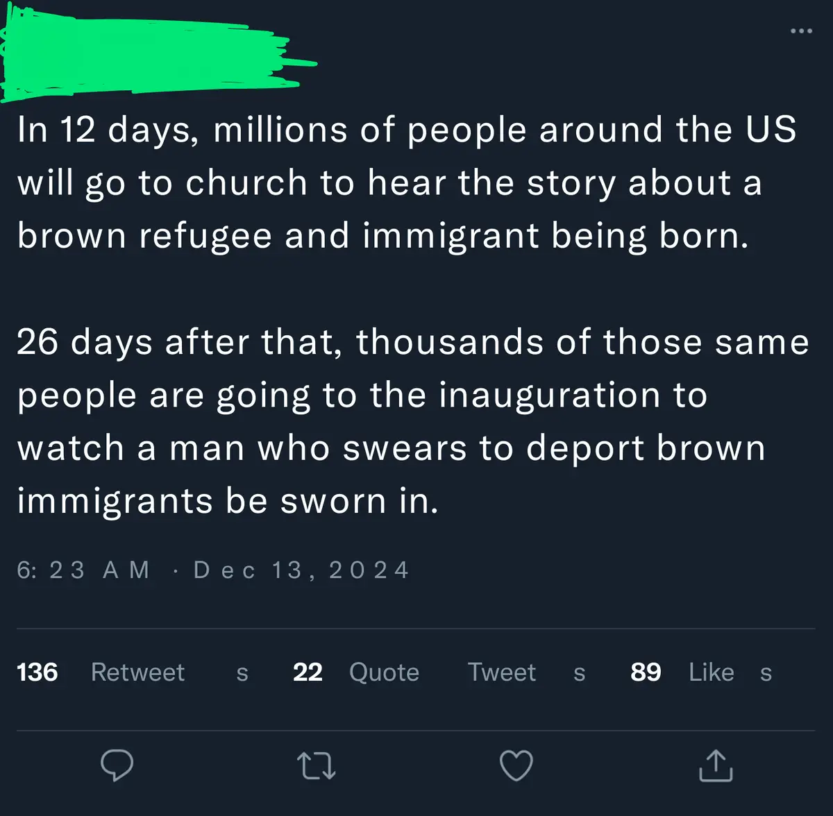 A screenshot of a tweet with white text on a dark background, showing a message about people attending church to hear a…