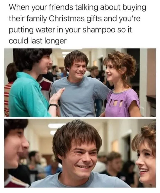 The image is a two-panel meme featuring characters from the TV show 'Stranger Things'. In the top panel, three characters…