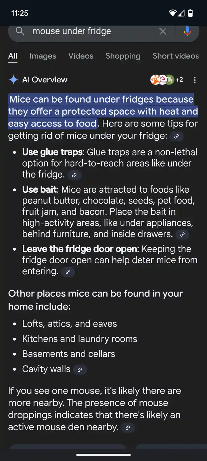 A screenshot of a Google search result for 'mouse under fridge' shows an AI Overview text snippet highlighting that mice are…
