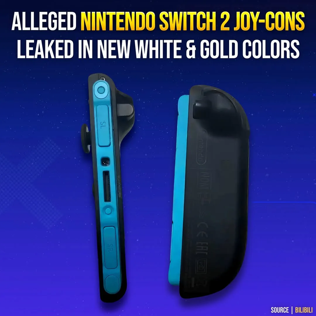 Two Nintendo Switch Joy-Con controllers are shown side by side against a blue starry background. One is shown vertically…