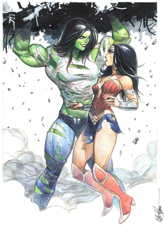 A comic-style illustration shows She-Hulk, a green-skinned, muscular woman in a torn white shirt and blue pants, standing…