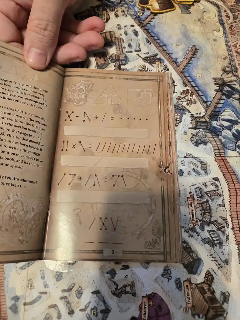 A hand holds open a book with a puzzle page featuring nonsensical math equations using symbols like X, Λ, and /, with one…