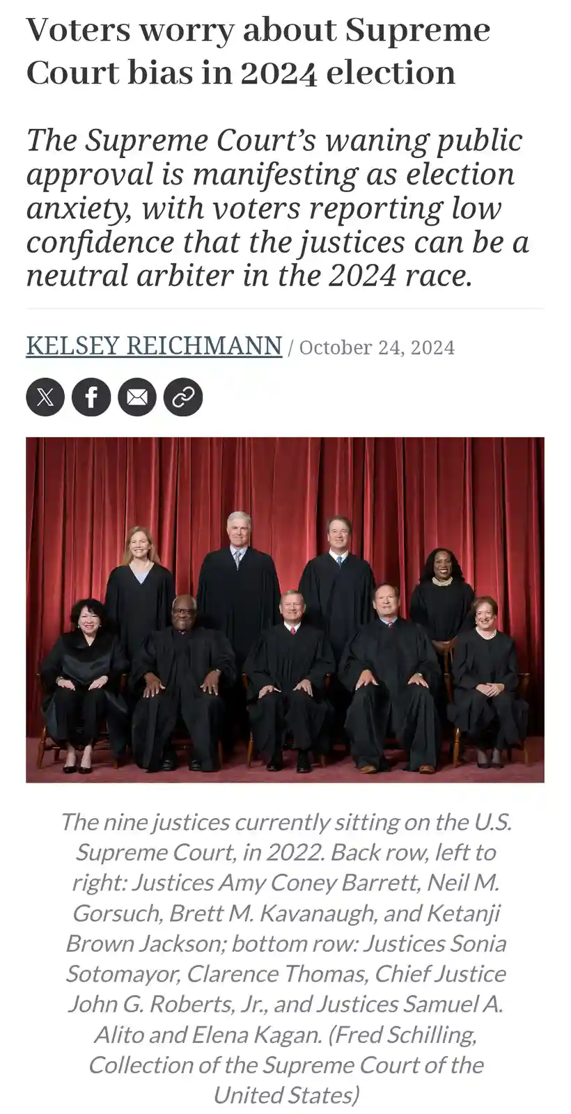 A formal group photo of the nine U.S. Supreme Court justices in black robes against a red curtain, overlaid with the…