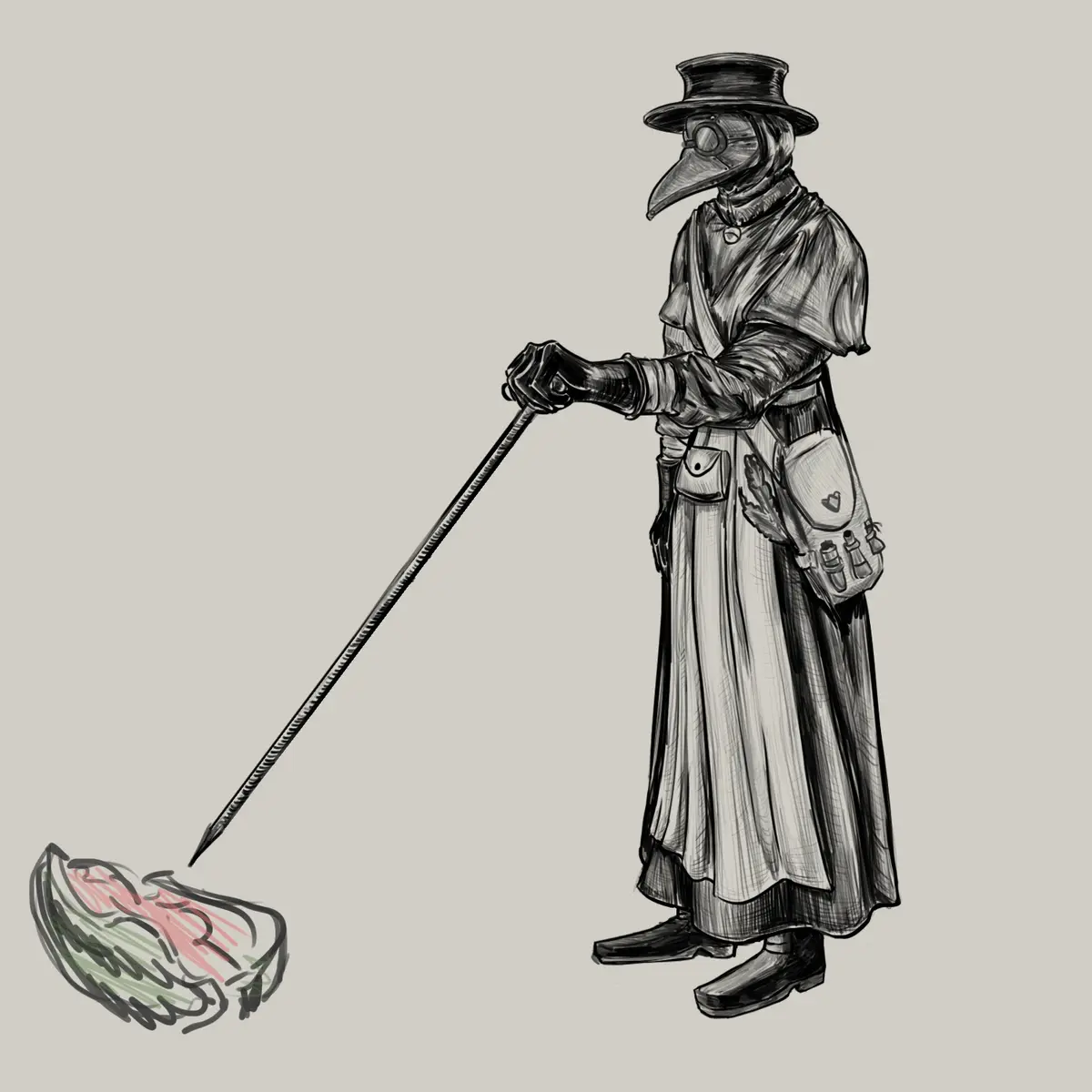 A black-and-white sketch depicts a plague doctor in full costume, including a long beak mask, top hat, and long robe…