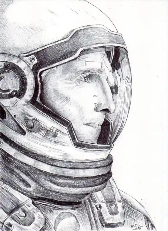 A detailed pencil sketch shows a man in a futuristic astronaut helmet, looking serious and contemplative. The helmet has a…