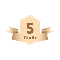 A gold-colored, hexagonal award-style badge with a ribbon banner. The large number '5' is centered above the word 'YEARS' on…