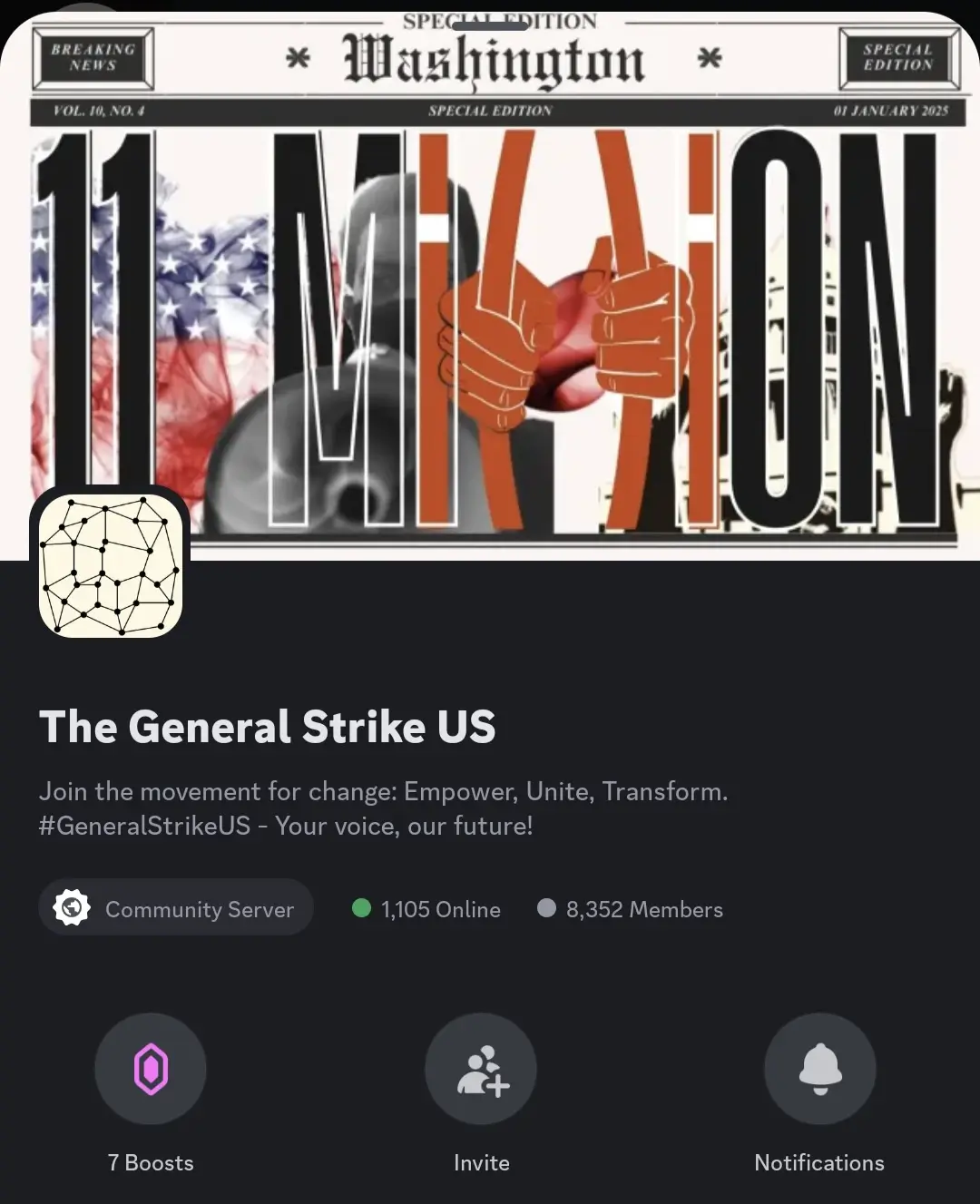 A screenshot of a Discord server called 'The General Strike US' with a mock newspaper headline reading '11 MILLION' over an…