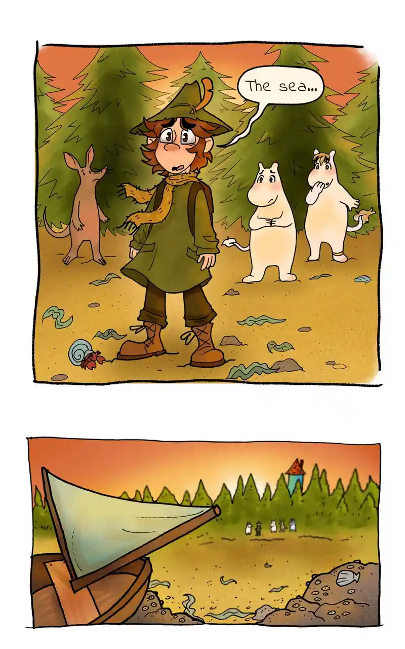 A two-panel comic strip featuring cartoon characters in a forest clearing. The top panel shows a human-like figure in a hat…