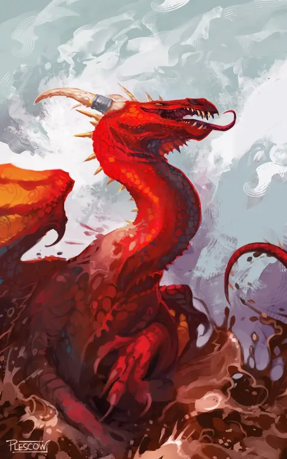 A vividly painted red dragon with orange wings and spiky scales is depicted roaring against a cloudy sky, with a small black…